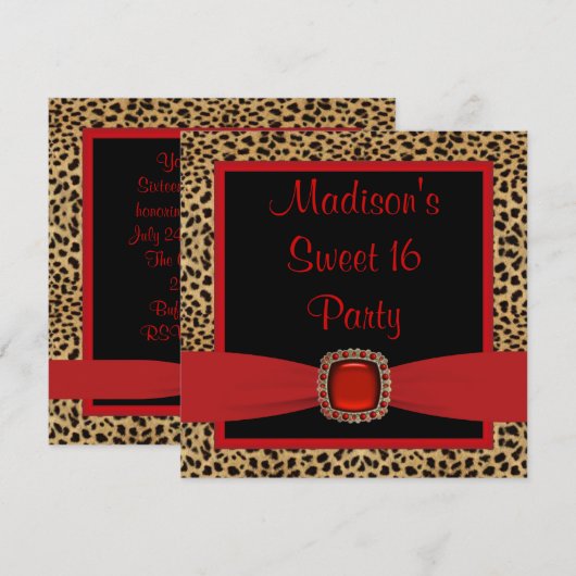 Red Leopard Sweet 16 Verjaardagsfeest Kaart (Voorkant / Achterkant)