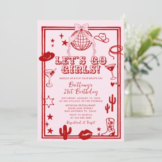 Red Let's Go Girls Birthday Party Invitation Kaart (Staand voorkant)