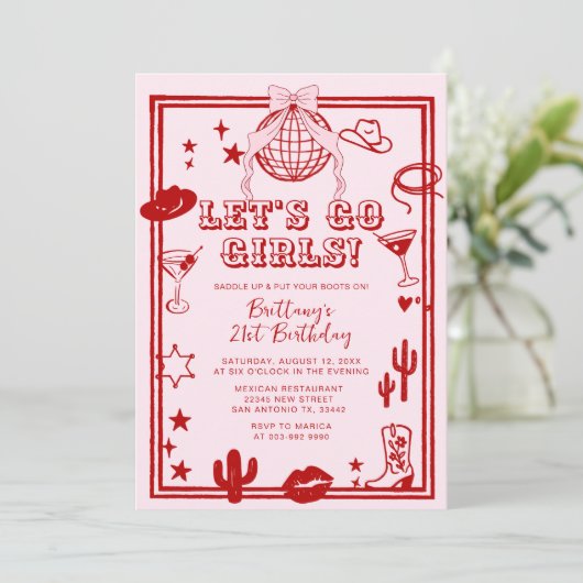 Red Let's Go Girls Birthday Party Invitation Kaart (Staand voorkant)