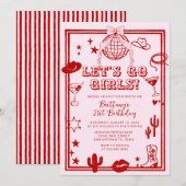 Red Let's Go Girls Birthday Party Invitation Kaart (Voorkant / Achterkant)