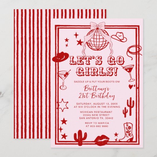 Red Let's Go Girls Birthday Party Invitation Kaart (Voorkant / Achterkant)