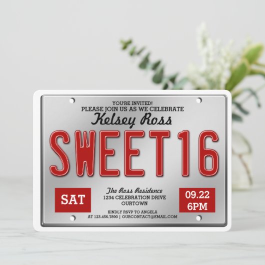 Red Licence Bord Sweet 16 Party-uitnodigingen Kaart (Staand voorkant)