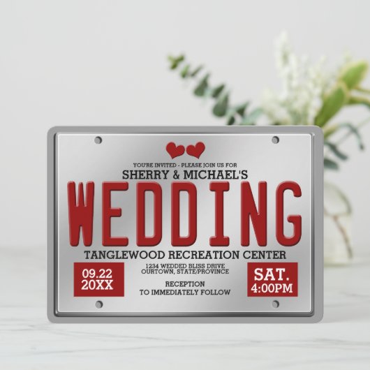 Red License Bord Wedding Kaart (Staand voorkant)