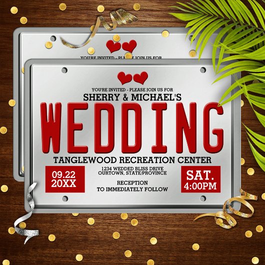 Red License Bord Wedding Kaart