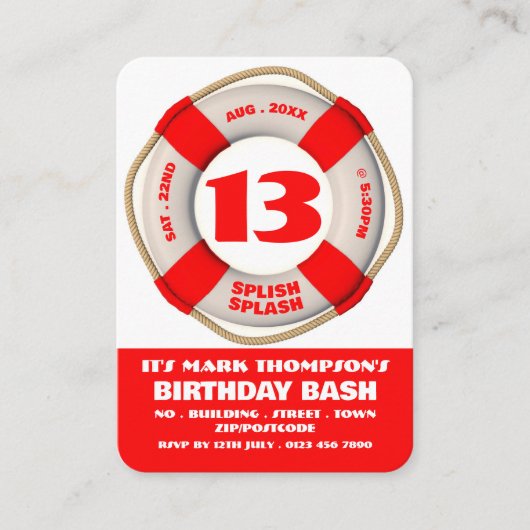 Red Life Ring, Pool Party Verjaardag Handout Ticke Visitekaartje (Voorkant)