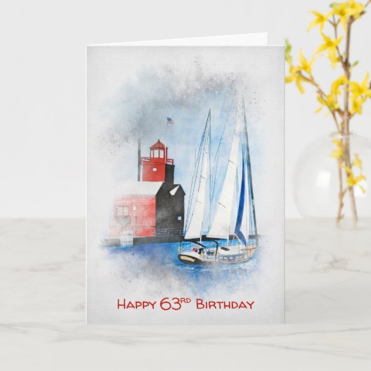 Red Lighthouse en Sailboat 63rd Birthday Kaart (Gele Bloem)