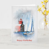 Red Lighthouse en Sailboat Birthday Kaart (Gele Bloem)