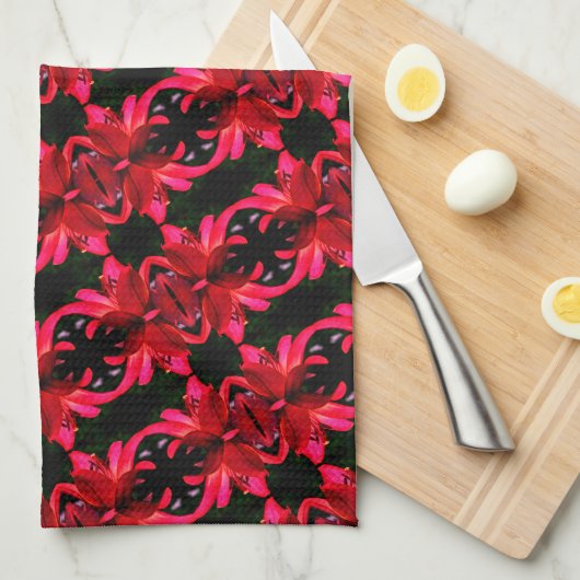 Red Lily Floral Abstract Art Pattern Theedoek (Quarter Fold)