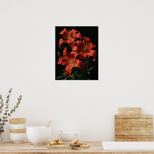 Red Lily Flowers Art Print Poster (Keuken)