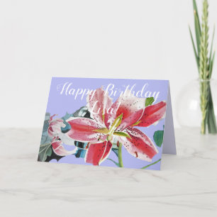 Red Lily mauve floral Waterverf Birthday Kaart