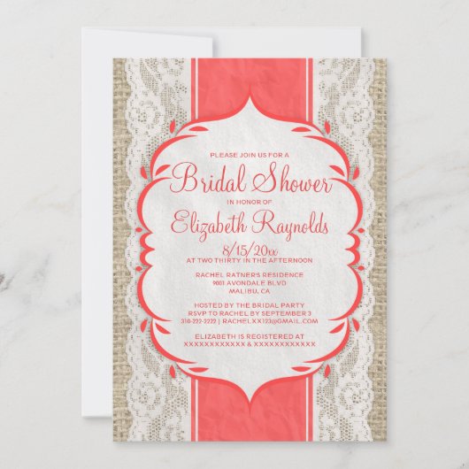 Red Linen Burlap & Lace Bridal Shower Invitations Kaart (Voorkant)