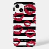 Red Lip Print Kisses Black & White Stripe Case-Mate iPhone Case (Achterkant)