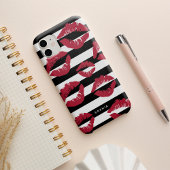 Red Lip Print Kisses Black & White Stripe Case-Mate iPhone Case