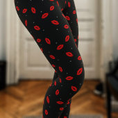 Red Lip Print Lipstick Kiss Black Leggings