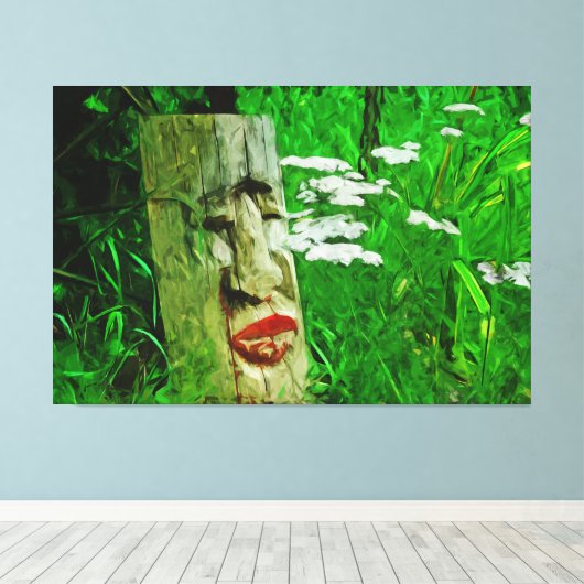 Red Lipped American Indian Totem bij wilde bloemen Canvas Afdruk (Insitu (Houten vloer))