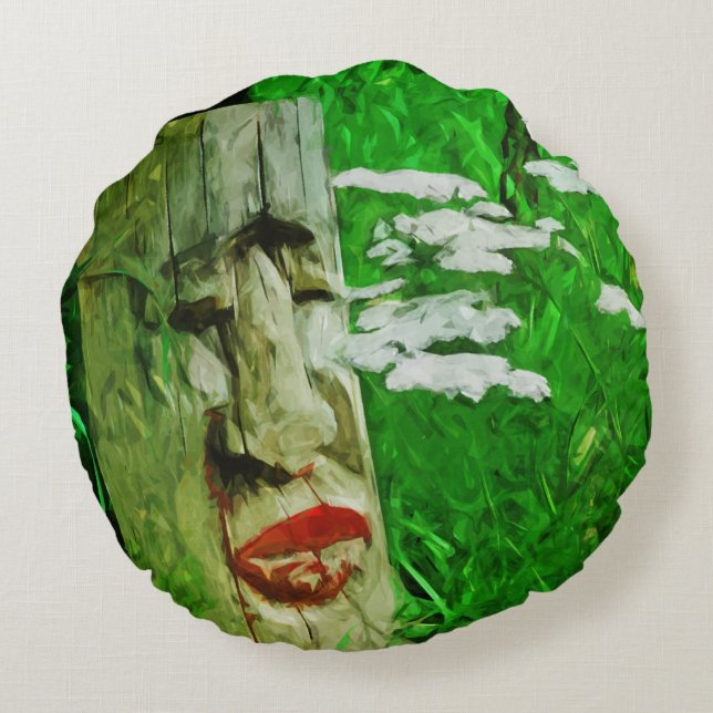 Red Lipped American Indian Totem bij wilde bloemen Rond Kussen (Achterkant)