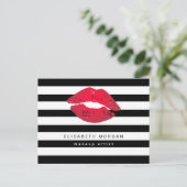 Red Lips Black White Stripes Modern Makeup Artist Briefkaart (Staand voorkant)