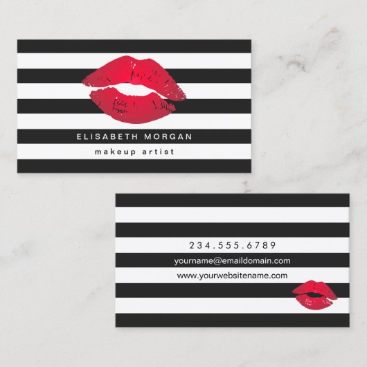Red Lips Black White Stripes Modern Makeup Artist Visitekaartje (Voorkant / Achterkant)
