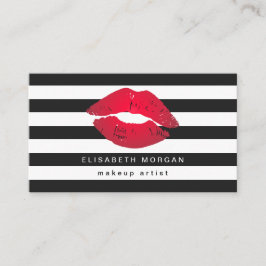 Red Lips Black White Stripes Modern Makeup Artist Visitekaartje