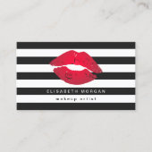 Red Lips Black White Stripes Modern Makeup Artist Visitekaartje (Voorkant)
