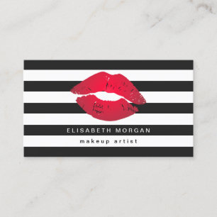 Red Lips Black White Stripes Modern Makeup Artist Visitekaartje