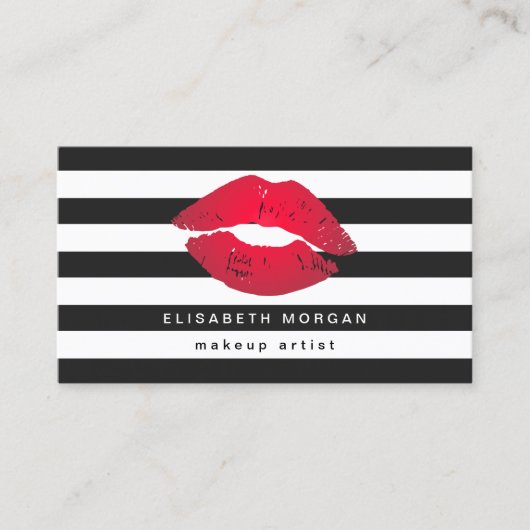 Red Lips Black White Stripes Modern Makeup Artist Visitekaartje (Voorkant)