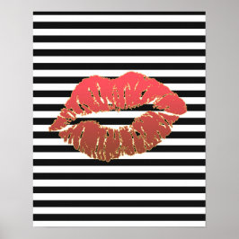 Red Lips Faux Gold, gelinkt op zwarte en witte str Poster