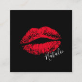 Red Lips Kiss Signature Makeup Artist Plain Black Vierkante Visitekaartje (Voorkant)