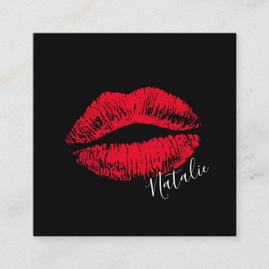 Red Lips Kiss Signature Makeup Artist Plain Black Vierkante Visitekaartje (Voorkant)