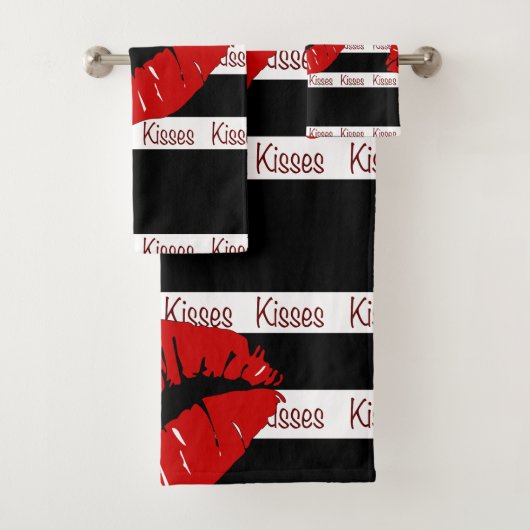 Red Lips Kisses Black Striped Bath Towel Set Bad Handdoek (Insitu)
