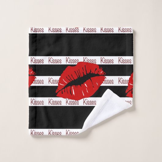 Red Lips Kisses Black Striped Bath Towel Set Bad Handdoek (Wasdoekje)