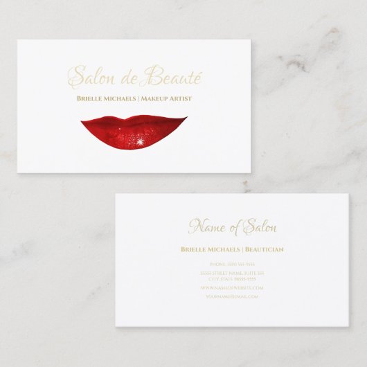 Red Lips Make-up Artist Elegant Gold Script Visitekaartje (Voorkant / Achterkant)