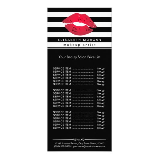 Red Lips Make-up Black White Stripes Prijslijst Reclamekaart (Voorkant)