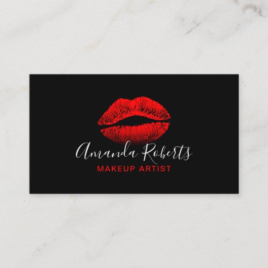Red Lips Makeup Artist Plain Black Visitekaartje (Voorkant)