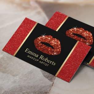 Red Lips Makeup Artist Trendy Red Glitter Salon Visitekaartje