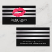 Red Lips Modern Silver Stripes Makeup Artist Visitekaartje (Voorkant / Achterkant)