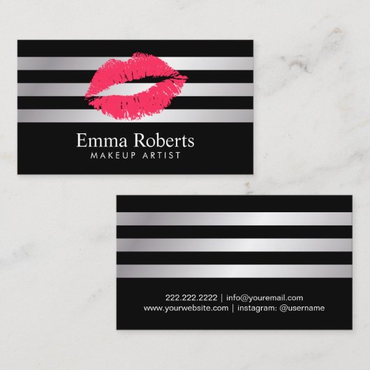Red Lips Modern Silver Stripes Makeup Artist Visitekaartje (Voorkant / Achterkant)