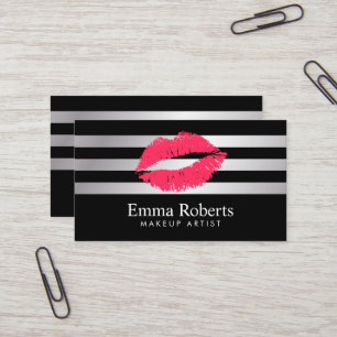 Red Lips Modern Silver Stripes Makeup Artist Visitekaartje