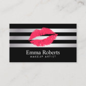 Red Lips Modern Silver Stripes Makeup Artist Visitekaartje (Voorkant)