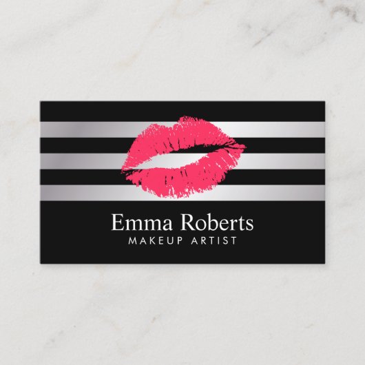 Red Lips Modern Silver Stripes Makeup Artist Visitekaartje (Voorkant)