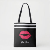 Red Lips Modern Stripes Aangepaste naam Tote Bag (Voorkant)