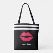 Red Lips Modern Stripes Aangepaste naam Tote Bag (Achterkant)