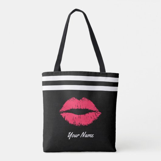 Red Lips Modern Stripes Aangepaste naam Tote Bag (Achterkant)