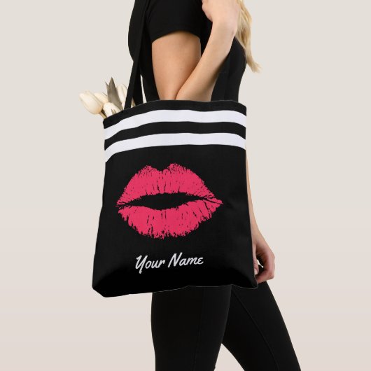 Red Lips Modern Stripes Aangepaste naam Tote Bag (Dichtbij)
