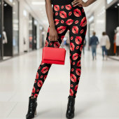 Red Lips Pattern Black Leggings