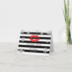 Red Lips Snowflakes Moderne Stripes Hartelijk dank Bedankkaart