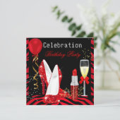 Red Lipstick Glitter Zebra Birthday Party Kaart (Staand voorkant)