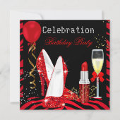 Red Lipstick Glitter Zebra Birthday Party Kaart (Voorkant)