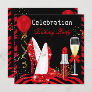 Red Lipstick Glitter Zebra Birthday Party Kaart