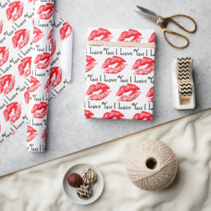 Red Lipstick Kisses en ik hou van je Cadeaupapier